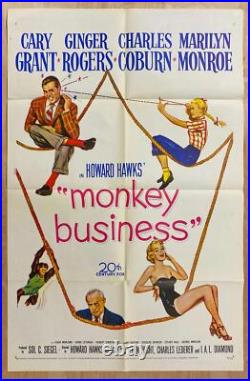 1952 Monkey Business One Sheet Movie Poster Marilyn Monroe Cary Grant Vintage