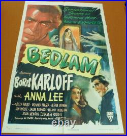 BEDLAM Vintage 1946 BORIS KARLOFF Val Lewton Horror Film ONE SHEET MOVIE POSTER