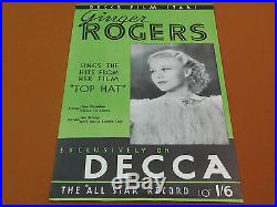 GINGER ROGERS Decca Film Star TOP HAT Vintage 1935 Art Deco Poster Movie Record