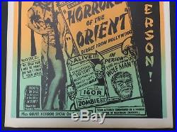 ORIGINAL Vintage SPOOK SHOW Window Card Poster HORRORS OF THE ORIENT 13x22 1950s