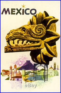 ORIGINAL Vintage Travel Poster MEXICO Mayan Feathered Snake Quetzalcoatl Aztek