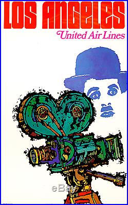 ORIGINAL Vintage Travel Poster UNITED AIRLINE Charlie Chaplin Movie LOS ANGELES