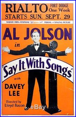 SAY IT WITH SONGS (1929) Vtg window card poster AL JOLSON for Rialto Theatre, IA