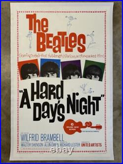 VTG A Hard Day's Night Movie Poster The Beatles RARE 1 SHEET 1964 LINEN BACKED