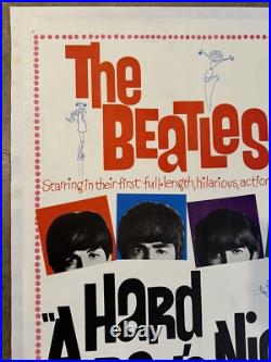 VTG A Hard Day's Night Movie Poster The Beatles RARE 1 SHEET 1964 LINEN BACKED