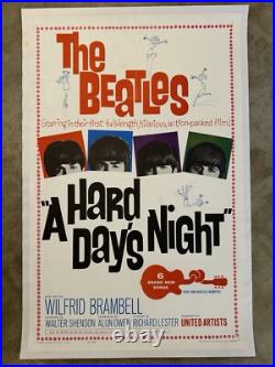 VTG A Hard Day's Night Movie Poster The Beatles RARE 1 SHEET 1964 LINEN BACKED