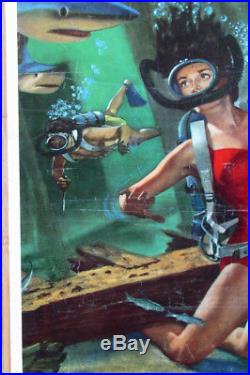 Vintage 1955 UNDERWATER Insert Movie Poster Sexy Jane Russell Shark Jaws Scuba