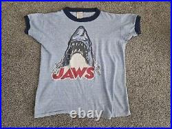 Vintage 70s JAWS Movie Poster Tee Shirt Ringer Made In USA Shark Graphic Shirt