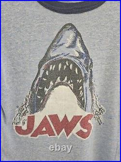 Vintage 70s JAWS Movie Poster Tee Shirt Ringer Made In USA Shark Graphic Shirt