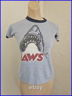 Vintage 70s JAWS Movie Poster Tee Shirt Ringer Made In USA Shark Graphic Shirt